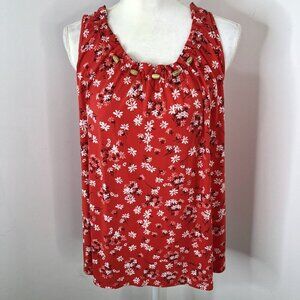 Cato Womens Floral Sleeveless Blouse Top Size M Red/White Beads Elastic Neckline
